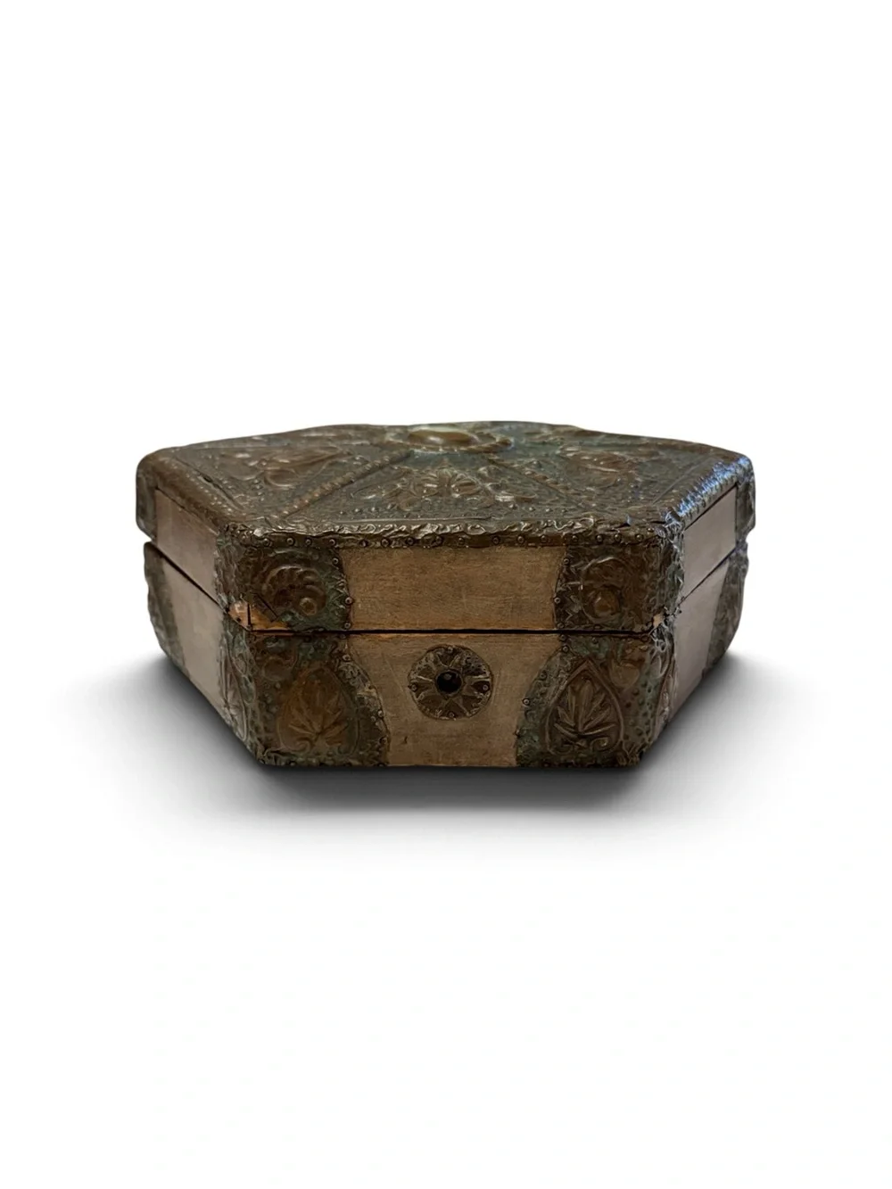 Antique Brass & Wood Ornate Hexagonal Decorative Trinket Box from Czech Republic